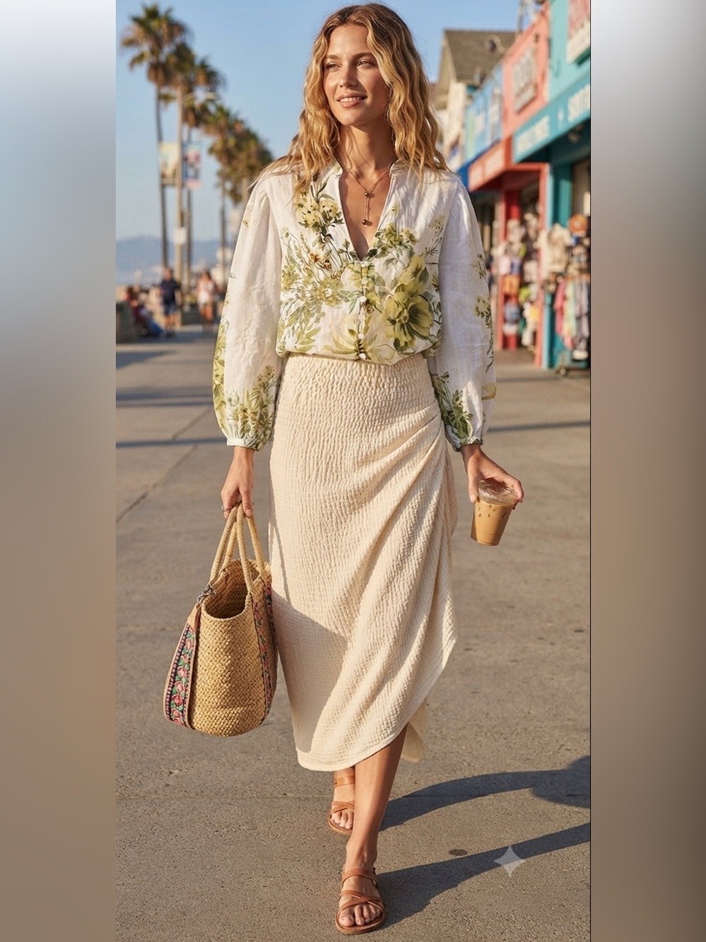 Floral Button-Down Women's Top in White and Green